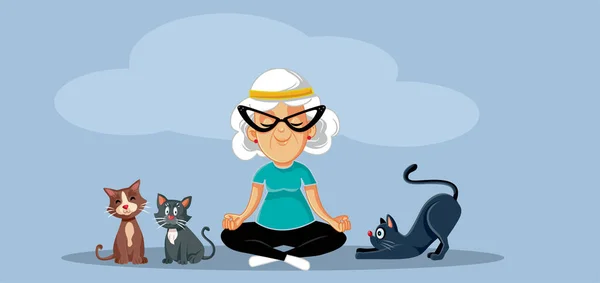 Elderly Woman Relaxing Surrounded Cats Vector Cartoon Illustration — Stock Vector