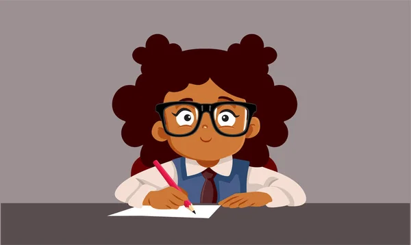 Öğrenci Kız Okul Vektörü Çizgifilminde Masasında Yazıyor — Stok Vektör