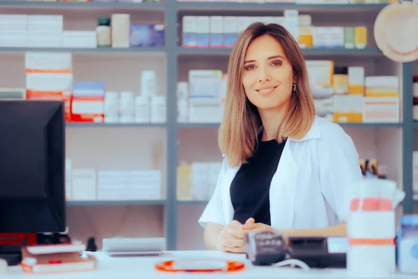 Happy Professional Pharmacist Smiling Counter — Stock Photo, Image