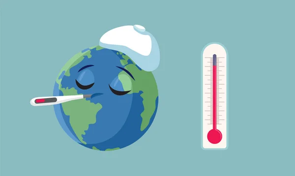Planet Penderitaan Dari Demam Selama Pemanasan Global Kartun Vektor - Stok Vektor