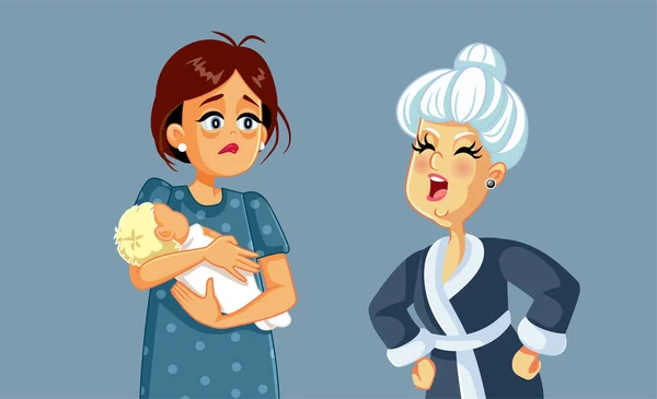 Idosa Mulher Repreendendo Nova Mãe Com Bebê Vetor Ilustração — Vetor de Stock
