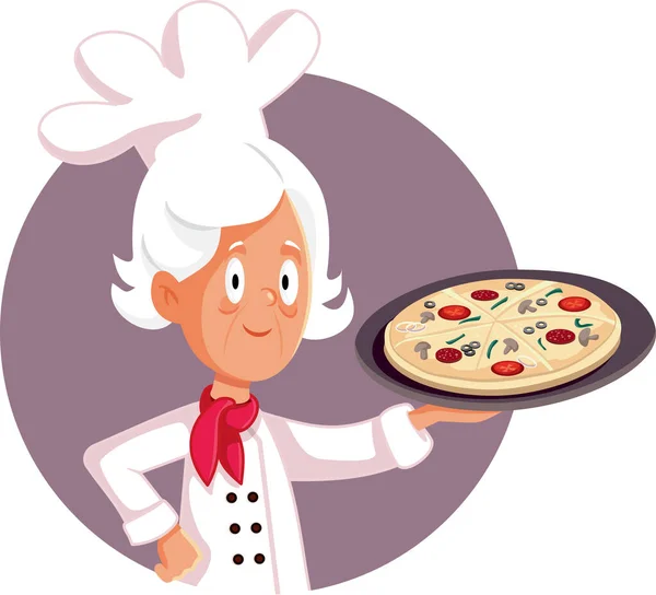 Italienska Mormor Matlagning Läcker Pizza Vektor Tecknad Illustration — Stock vektor