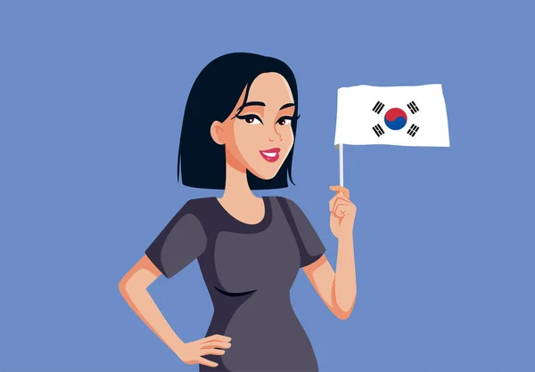 Korean Girl Waving Her National Flag Vector Cartoon Illustration — Stock Vector