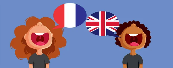 Flicka Och Pojke Kommunicera Franska Och Engelska Språk Vektor Tecknad — Stock vektor