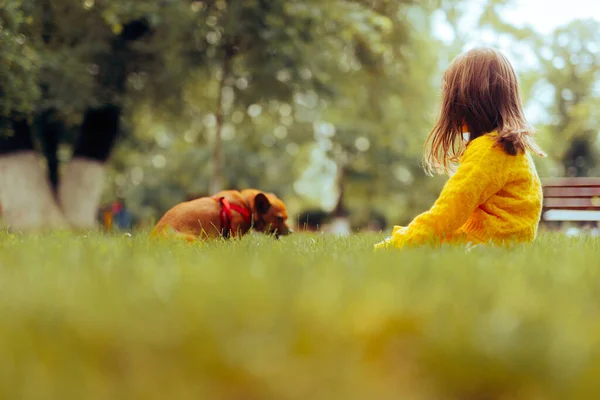 小さな子供と遊ぶ彼女の犬屋外で自然の中で — ストック写真
