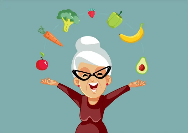 Senior Woman Eating Healthy Diet Lifestyle Vector Cartoon Illustration — Stock Vector