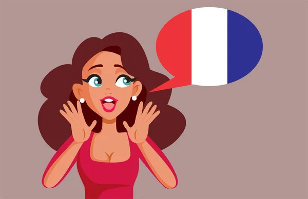 Vrolijke Mooie Vrouw Spreken Frans Taal Vector Cartoon Illustratie — Stockvector