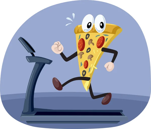 Lustige Pizza Figur Läuft Auf Dem Laufband Vector Cartoon Illustration — Stockvektor