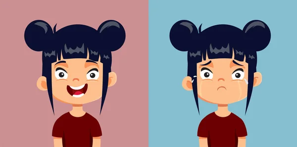 Menina Experienciando Feliz Triste Emoções Vector Personagem Dos Desenhos Animados — Vetor de Stock