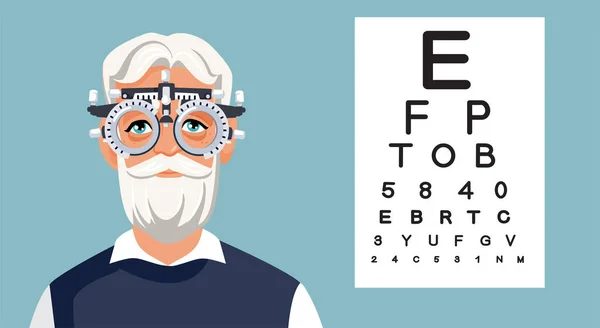 Optometrist Vector Çizgi Filminde Yaşlı Adam Göz Muayenesi Yapıyor Göz — Stok Vektör