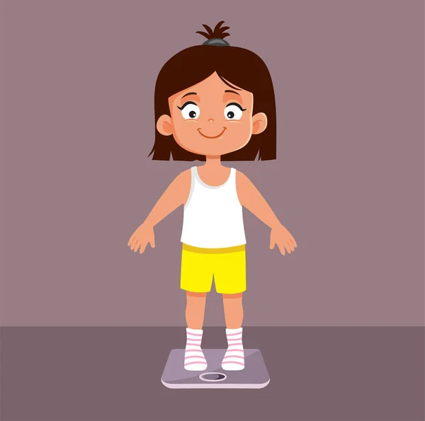 体重計の女の子彼女自身ベクトル漫画のイラスト 体重増加を年齢別に測定した子供の健康的な発達 — ストックベクタ