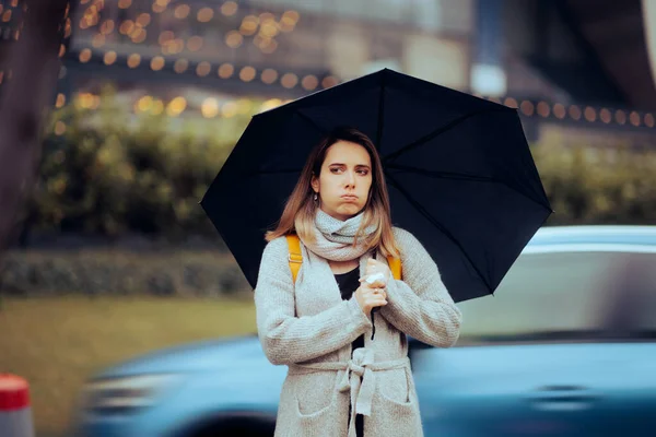 Stressed Urban Woman Holding Umbrella Rainy Day — Stock Photo, Image