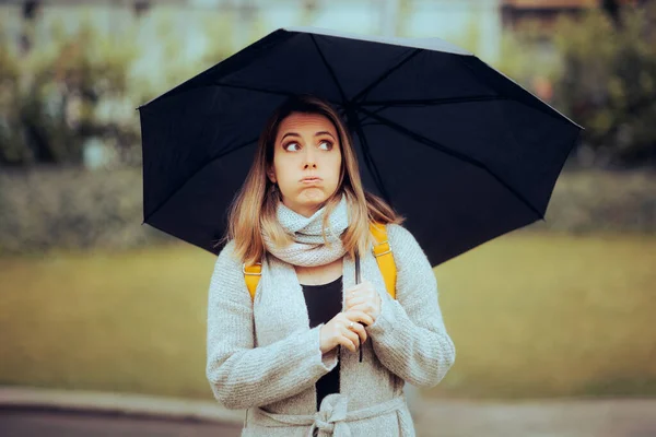 Stressed Urban Woman Holding Umbrella Rainy Day — Stock Photo, Image