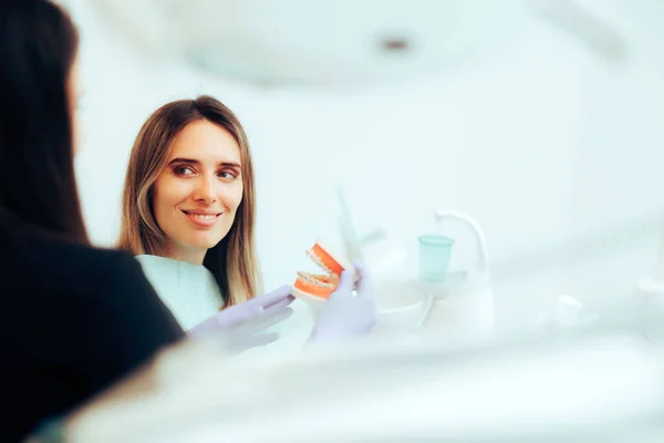 Ortodontista Ukazuje Svému Pacientovi Zubní Model Léčebný Plán — Stock fotografie