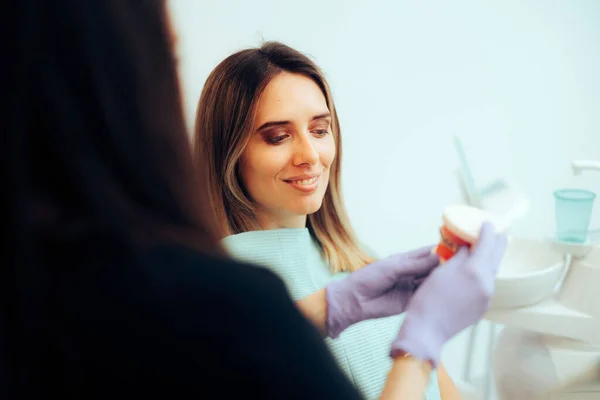 Dokter Gigi Menampilkan Pasiennya Model Gigi Dan Rencana Perawatan — Stok Foto