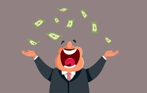 Ευτυχισμένος Χαρούμενος Επιχειρηματίας Ρίψη Χρήματα Που Δείχνουν Πλούτο Διάνυσμα Κινουμένων — Διανυσματικό Αρχείο