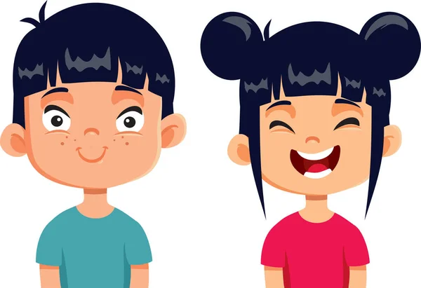 Ευτυχισμένα Παιδιά Ασιατικής Εθνικότητας Χαμογελώντας Μαζί Διανυσματική Εικονογράφηση Κινουμένων Σχεδίων — Διανυσματικό Αρχείο