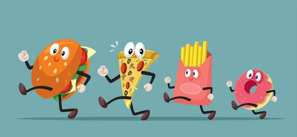 Personaggi Fast Food Che Corrono Insieme Vector Cartoon Illustrazione — Vettoriale Stock