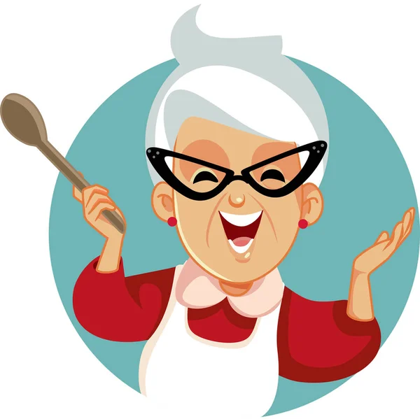 Cheerful Senior Chef Holding Wooden Spoon Vector Mascot — Stock Vector