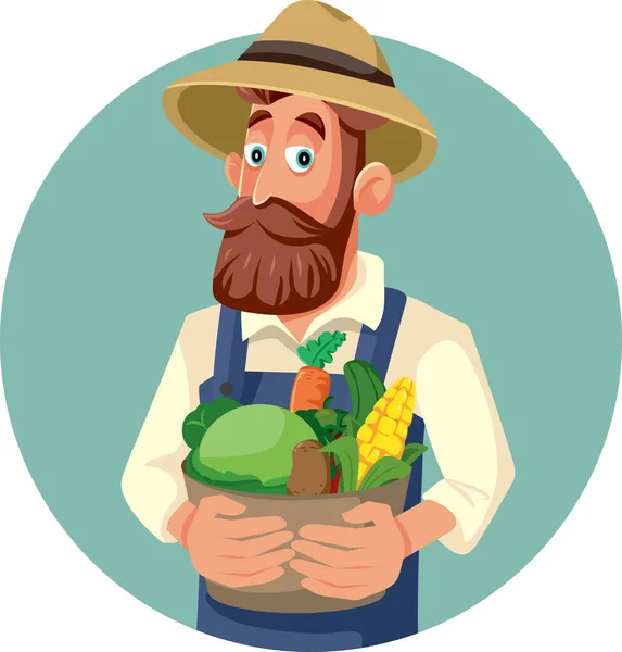 Agricultor Feliz Sosteniendo Una Cesta Verduras Vector Ilustración Dibujos Animados — Vector de stock