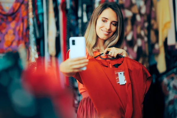 Shopping Woman Taking Selfie New Red Blouse — Stock Photo, Image