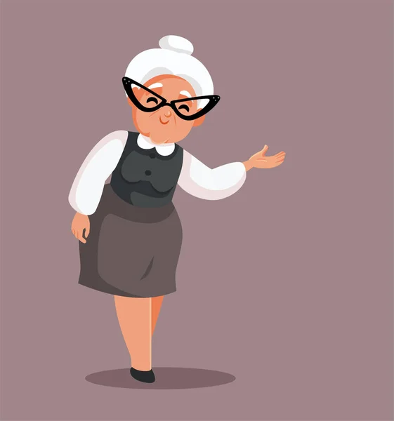 老年妇女做一个演示手势矢量卡通画 快乐的外婆兴奋地给出了一个促销的建议 — 图库矢量图片