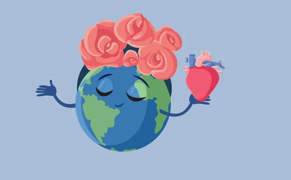Happy Earth Planet Wearing Floral Wreath Vector Cartoon 가슴을 꽃부리를 — 스톡 벡터