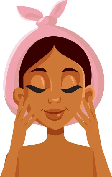 Kvinnan Rengöring Hennes Vackra Ansikte Med Hudvård Massage Vacker Flicka — Stock vektor
