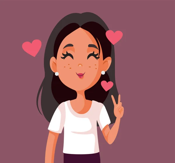 Happy Woman Love Featuring Peace Sign Vector Cartoon Illustration 기쁨에 — 스톡 벡터