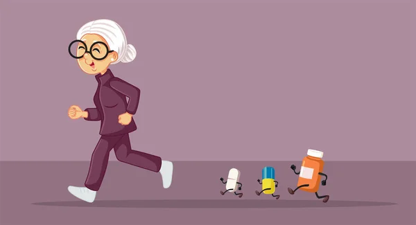 Idős Menekül Tabletták Egészségügyi Problémák Koncepció Illusztráció Aktív Idős Hölgy — Stock Vector