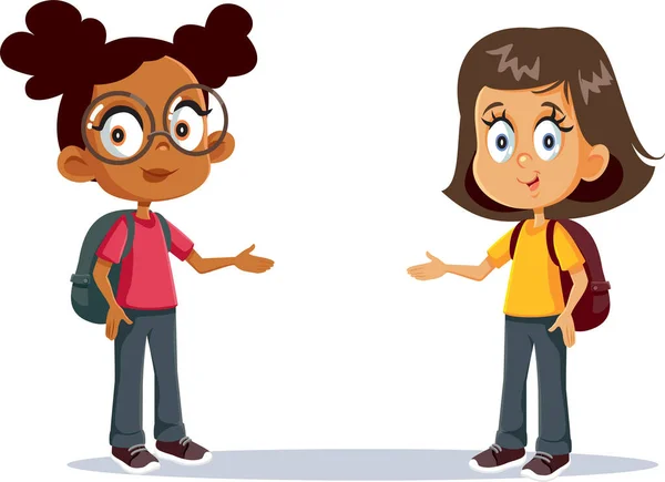 School Girls Making Presentation Gesture Together Vector Cartoon Dalam Bahasa - Stok Vektor