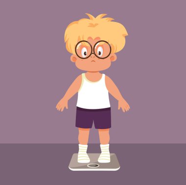 Obeziteden muzdarip Çocuk Kendini Ölçekli Vektör İllüzyonunda tartıyor