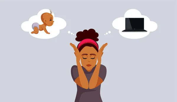 Gespannen Vrouw Kiezen Tussen Baby Carrière Vector Illustratie — Stockvector