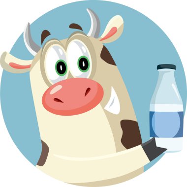 İnek Maskotu Bir şişe Süt Vektörü Çizgi Filmi Tasarımı Tutuyor