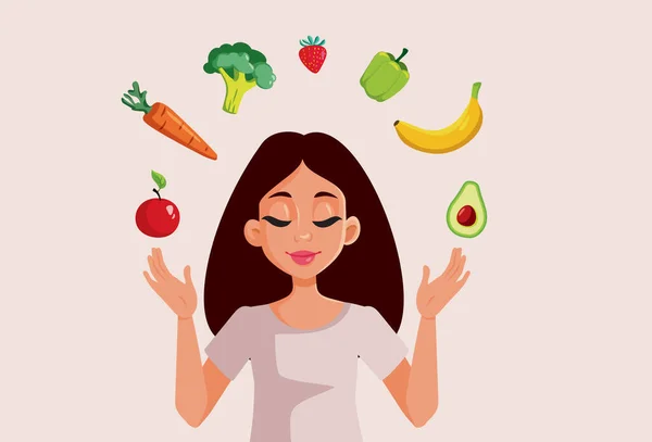 Calm Woman Contemplating Healthy Lifestyle Eating Habits Vector Cartoon — Stock Vector