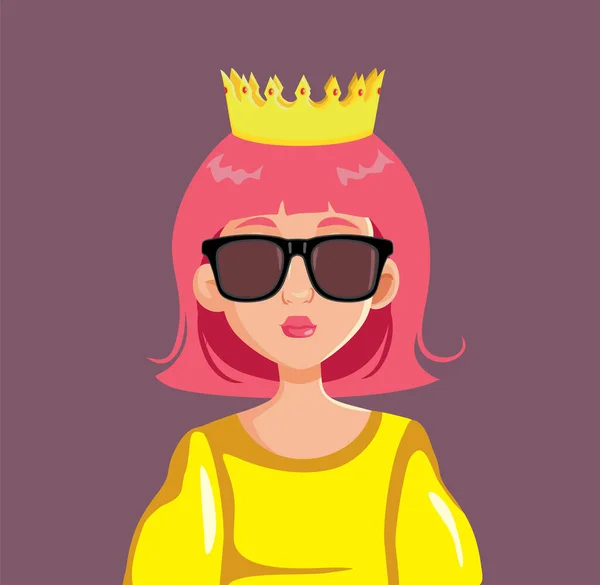 Stilvolle Königin Mit Sonnenbrille Und Krone Vektor Portrait Illustration — Stockvektor
