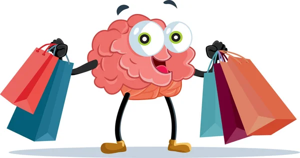 Dopamina Cérebro Compras Vetor Engraçado Cartoon Mascote —  Vetores de Stock