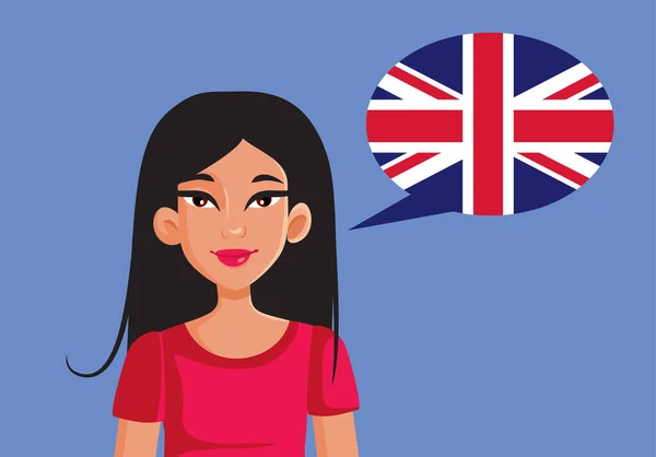 Vrolijke Vrouw Van Aziatische Etniciteit Spreken Engels Vector Cartoon — Stockvector