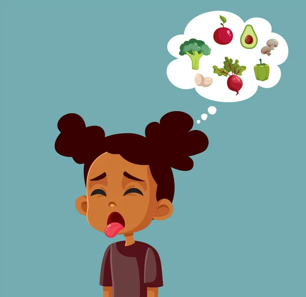 挑食者不喜欢健康蔬菜及水果病媒漫画 — 图库矢量图片