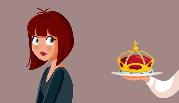 Pretty Young Woman Receiving Princess Crown Vector Cartoon Illustration Girl — Stock Vector
