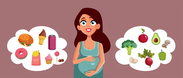 Pregnant Woman Choosing Healthy Unhealthy Diet Vector Cartoon — Stock Vector