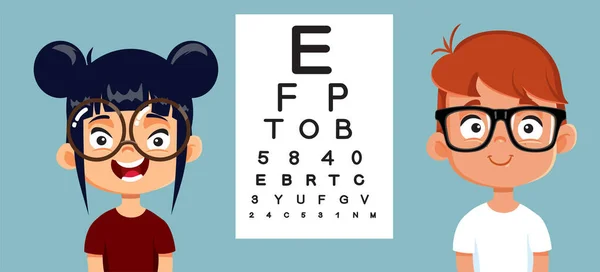 Pequenas Crianças Vestindo Óculos Corretivos Vector Cartoon Ilustração —  Vetores de Stock