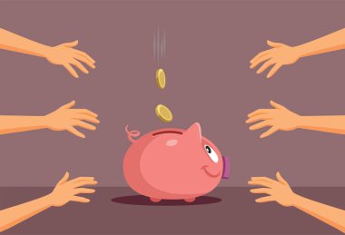 People Reaching for the Coins in the Piggy Bank Vector Cartoon illustration clipart