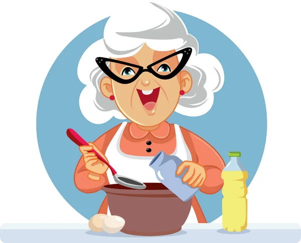 Mutlu Büyükanne Yemek Vektörü Çizgi Filmi Için Malzemeleri Karıştırıyor — Stok Vektör