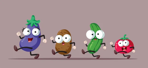 Happy Cartoon Vegetables Running Together Vector Illustration — Stock Vector