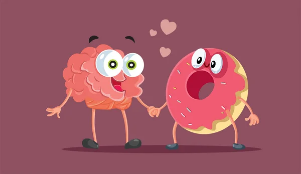 Ευτυχισμένος Εγκέφαλος Και Donut Χαρακτήρες Περπατώντας Μαζί Διάνυσμα Κινούμενο Σχέδιο — Διανυσματικό Αρχείο