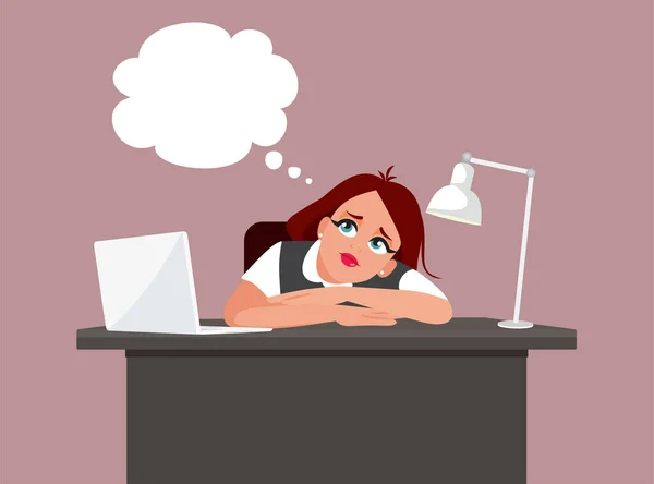 Κουρασμένη Γυναίκα Σκέφτεται Κάτι Κατά Διάρκεια Των Ωρών Εργασίας Διάνυσμα — Διανυσματικό Αρχείο