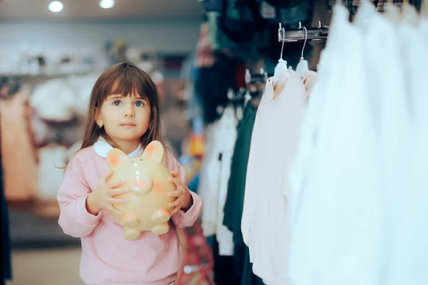 Little Child Holding Piggy Bank Fashion Store — Stock Photo, Image