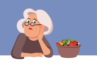 Mutsuz yaşlı kadın yemek yemiyor. İştah açıcı vektör çizimi yok.