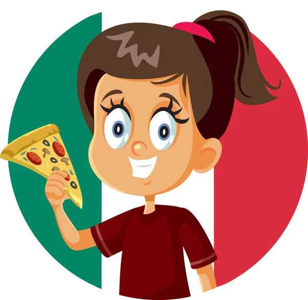 Happy Little Italian Girl Jedzenie Wektor Pizzy Ilustracja Kreskówki — Wektor stockowy